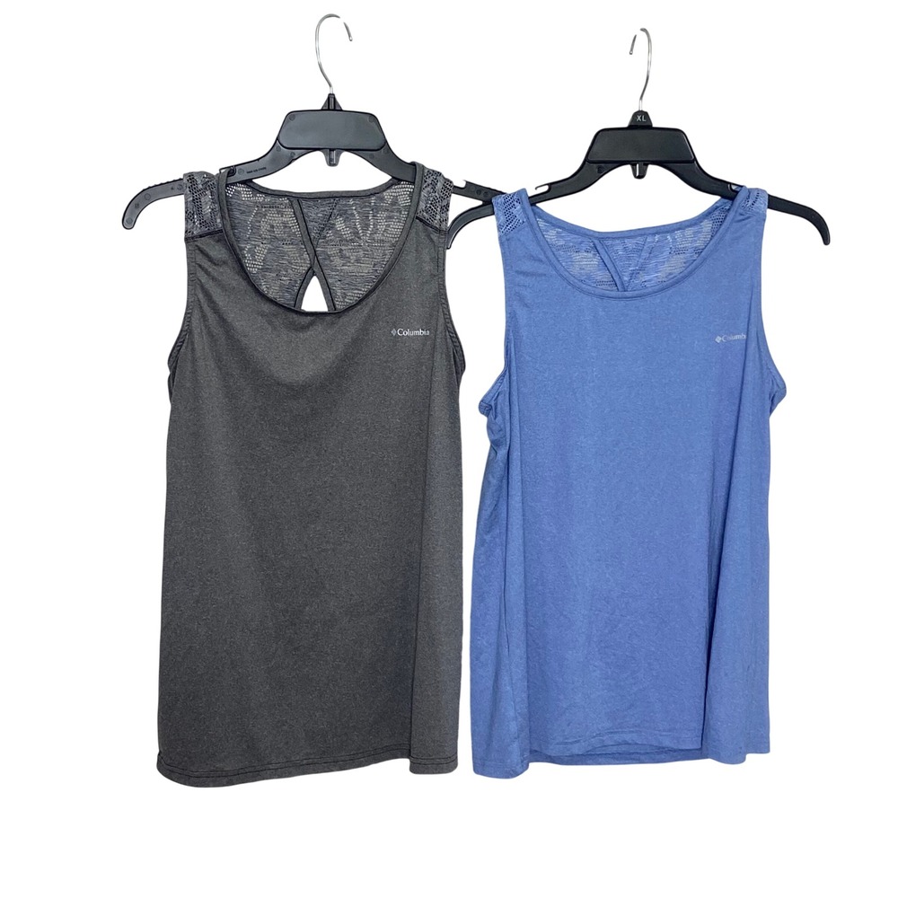 Columbia Sunlight Peak Novelty Tank Top Lot 2 Blue Grey Mesh Racerback Womens L